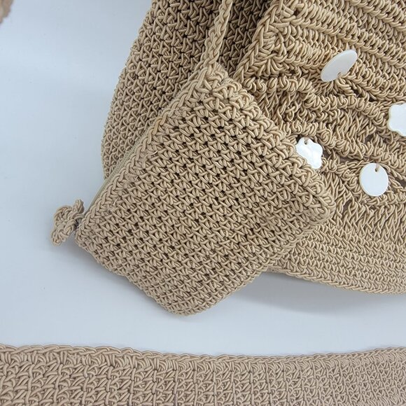 Tan Handbag with Applique Crochet Shoulder Bag Matching Attached Coin Purse - Picture 3 of 12